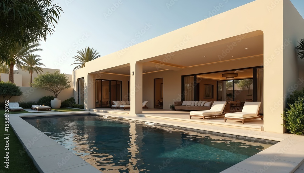 Fototapeta premium Luxury family home villa with swimming pool. Modern architecture, interior design in Dubai. Exclusive upscale deluxe home for elite clients. Premium real estate property, elegant home automation.