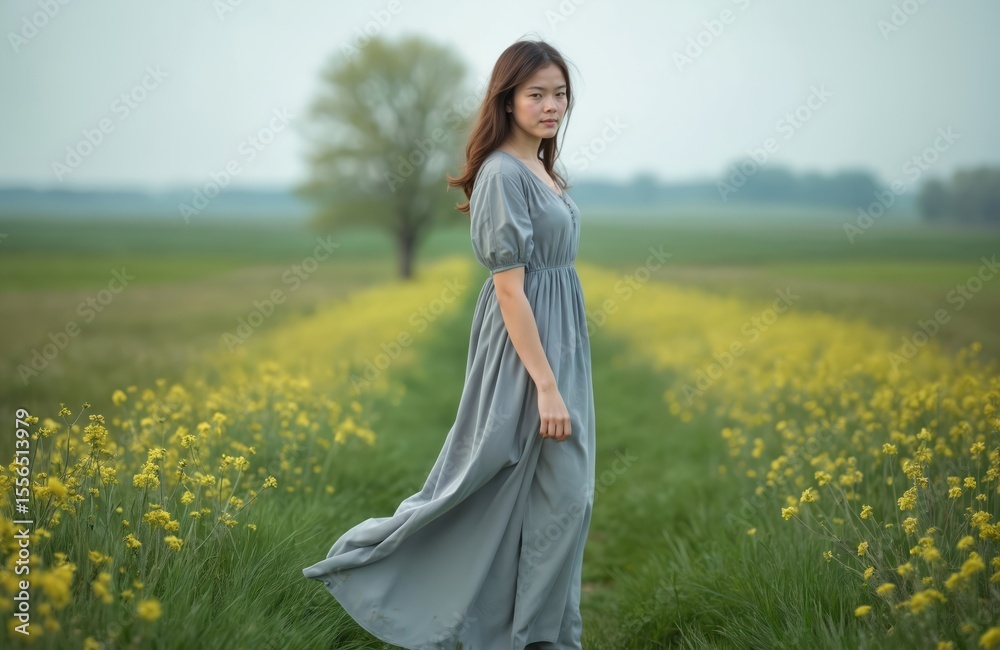 Fototapeta premium Young woman in spring field. She wears long dress, walking along yellow flowers path, looking at camera. Peaceful nature scene, beauty, harmony, day, weather.