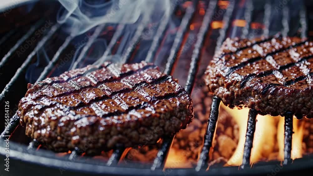 Close-up, high-angle video of two sizzling burgers on a grill, showcasing the texture and grill marks with rising smoke for a dynamic cooking scene.
