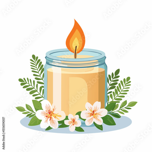 A candle in a jar with floral decoration
