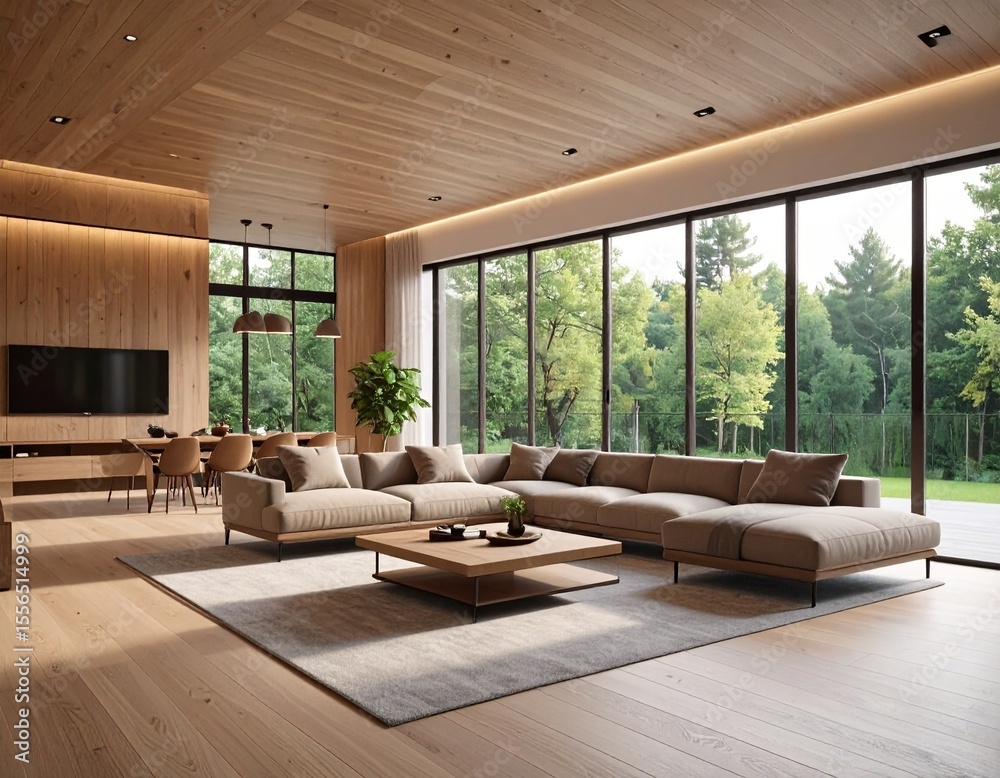 Fototapeta premium Futuristic Smart Living Room with Floor-to-Ceiling Windows