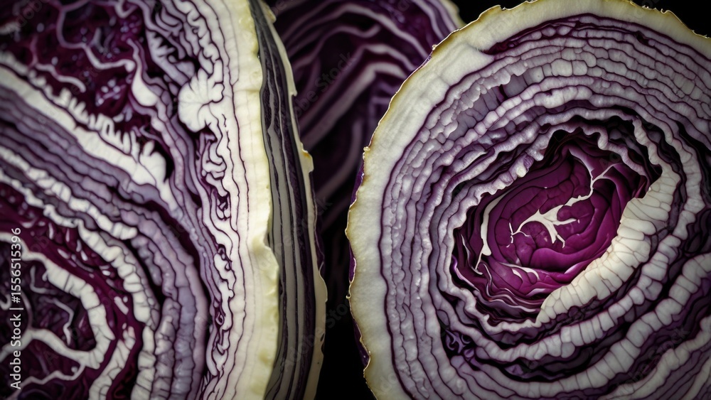 Obraz premium Deep Purple Cabbage Cross Section Highlighting Layered Vein Patterns 