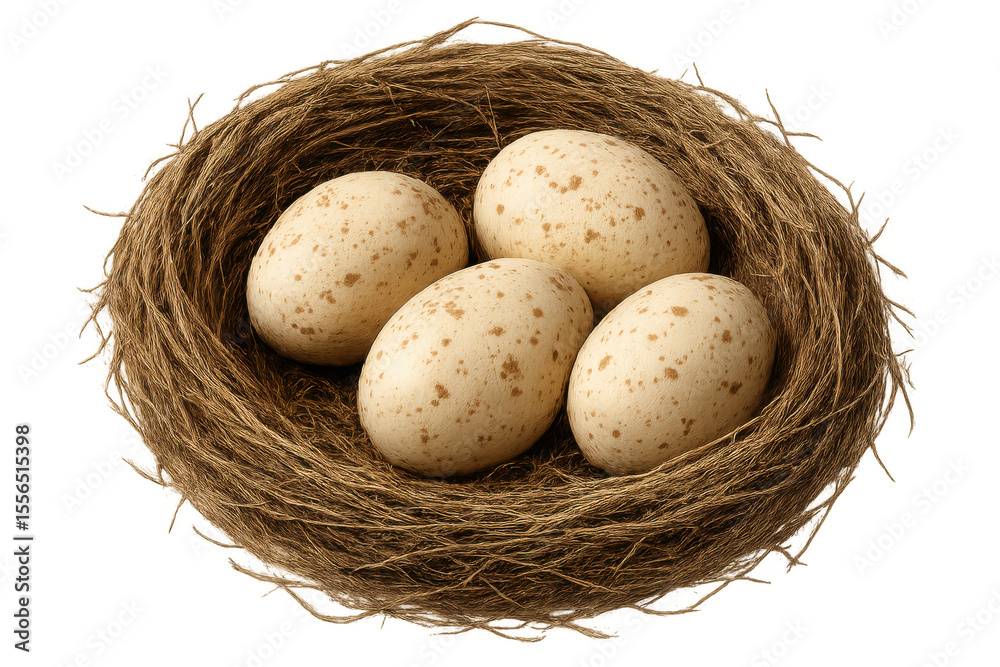 Obraz premium Four speckled eggs nestled in a bird's nest, isolated on a transparent background, ready for compositing