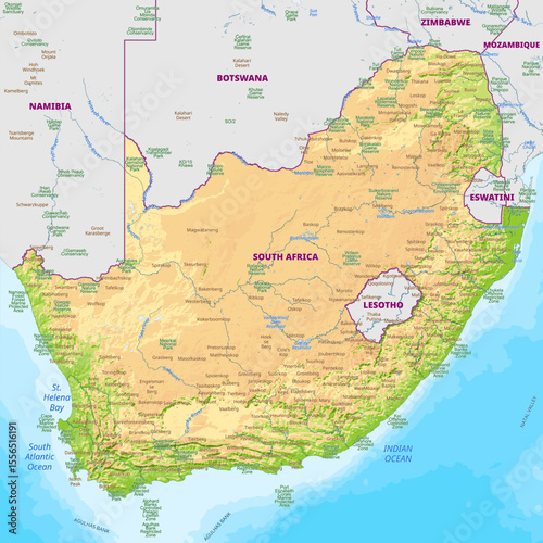 Detailed physical map of South Africa