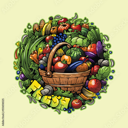 Set of vector doodle cartoon drawings. Composition of objects and symbols on the theme fruits and vegetables. Isolated illustrations.
