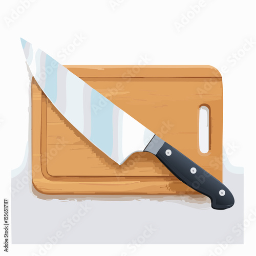 A chef’s knife on a wooden cutting board\
