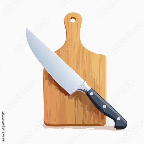 A chef’s knife on a wooden cutting board\

