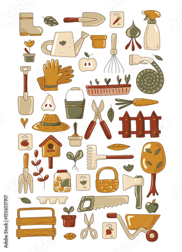 garden tools set of icons. Design of garden shop, garden centers. All objects are separated. Vector illustration.