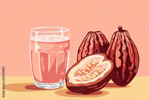 Vector illustration of cacao water in a glass and half of cacao fruit with palm leaves on a peach backdrop