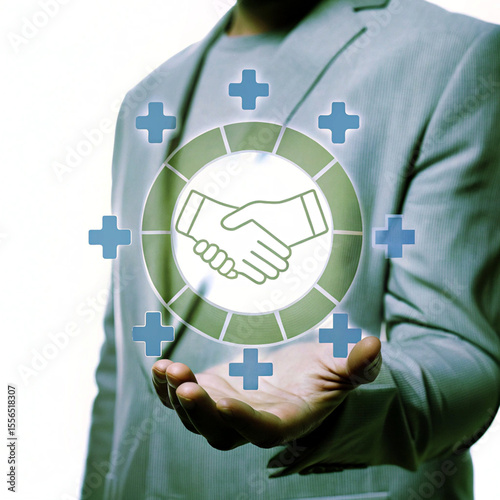 Man holding a digital circle with a handshake symbol surrounded by plus signs representing positive outcomes