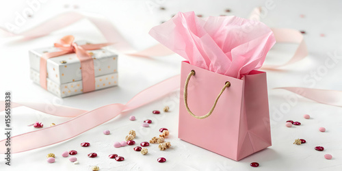 Mini pink gift bag with tissue paper on white isolated surface