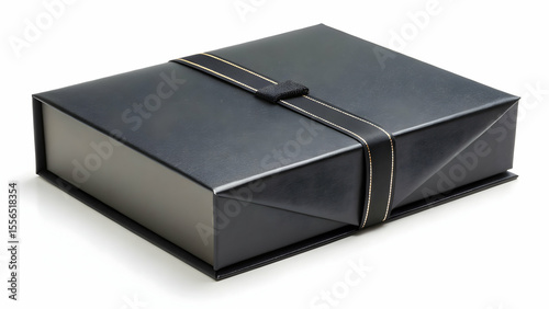 Closed black gift box with magnetic flap on white background