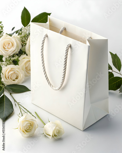White paper gift bag with twisted handles on clean white background