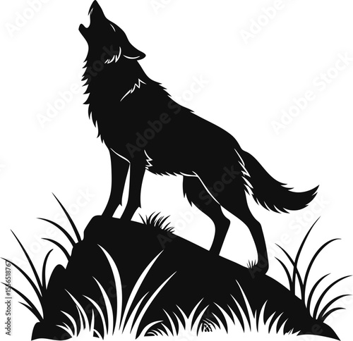 wolf howling silhouette A black silhouette of a wolf howling on a rock  Set of wolf silhouettes. Wolf silhouette isolated.