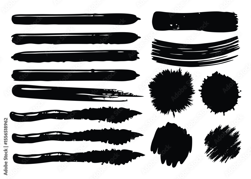 Grunge vector paint brush strokes and ink splash design elements for creative illustration and art decoration