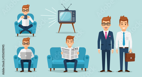 Businessmen Relaxing, Working, and Socializing A Diverse Set of Illustrations