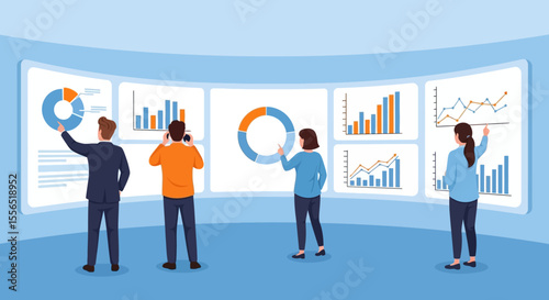 Data Analysis Team Reviewing Key Performance Indicators on Interactive Displays