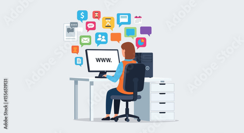 Woman Working on Computer, Managing Online Communication and Data