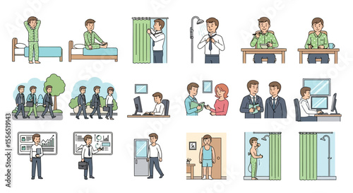 Daily Routine Illustrations Man's Day from Wake Up to Bedtime