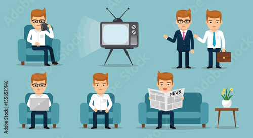 Businessman Daily Routine Illustrations of Office Work, Relaxation, and Communication