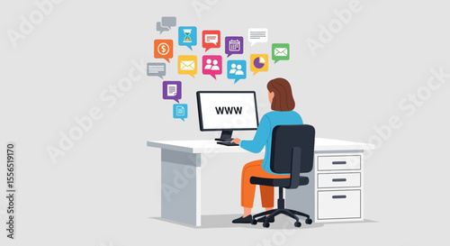 Woman Working on Computer, Managing Online Communication and Social Media