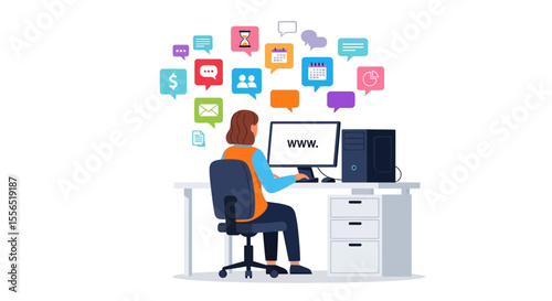 Woman Working on Computer, Managing Social Media and Notifications