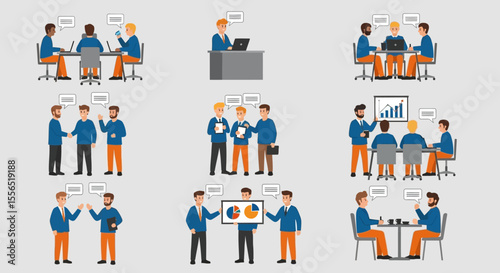 Diverse Business Team Collaboration Meeting, Discussion, and Presentation Illustrations