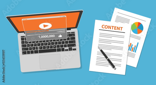Laptop Showing Video Content Analytics and Documents Boosting Online Engagement