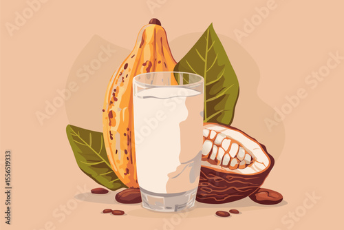 Vector illustration of cacao water in a glass and half of cacao fruit with palm leaves on a peach backdrop