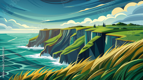 Sheer cliffs rise dramatically from the Atlantic Ocean, lined with emerald grass. The wind flows wildly, offering a sense of freedom at the edge of the earth.