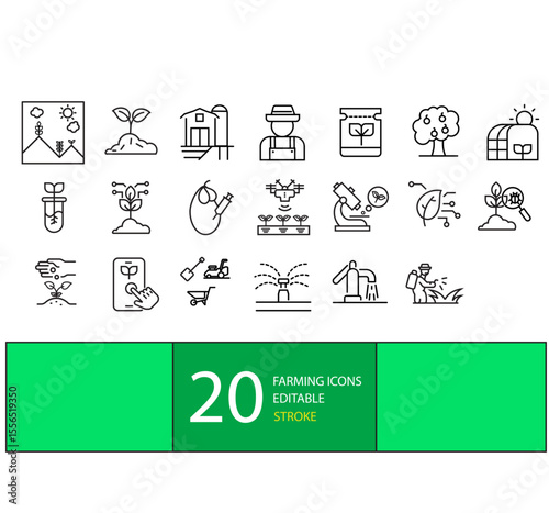 Farming icons set of 20 EDITABLE STROKES. Farming  web line icons. Garden. Containing plant, flowers, trees, lawnmower, spade, shovel cultivate and  modern testing icons. Vector illustration
