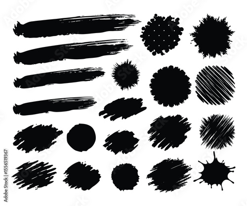 Vector art collection of grunge black inkblot and hand-drawn paint brushes splash design elements