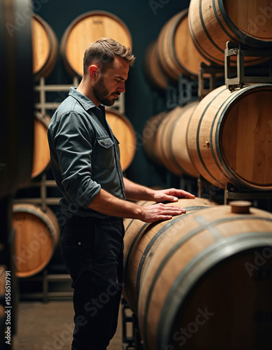 Man in a winery checking wooden barrels. Professional winemaker inspects wine production, assesses quality of the alcohol. Wine cellar interior, wooden barrels storage, drinks industry.