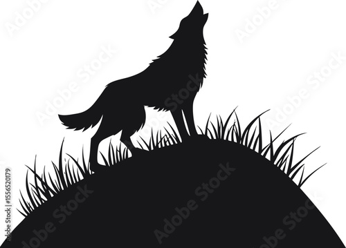 Silhouette of a howling wolf standing on a rock.
