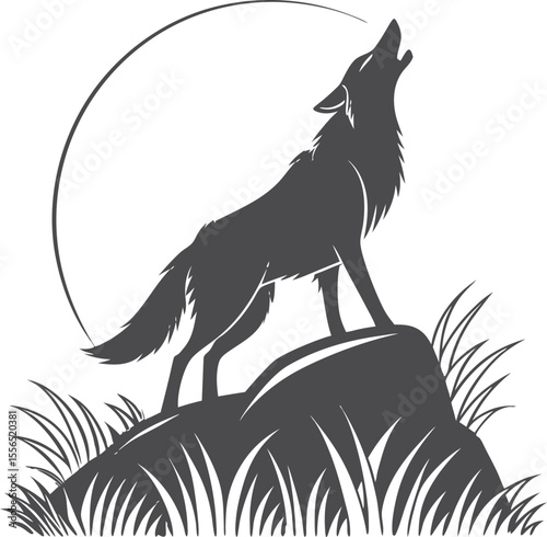 wolf howling silhouette A black silhouette of a wolf howling on a rock  Set of wolf silhouettes. Wolf silhouette isolated.