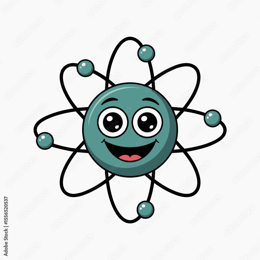Naklejka premium Cute Cartoon Atom with Smiling Face