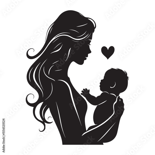 Silhouette of mother holding baby with heart isolated on white background
