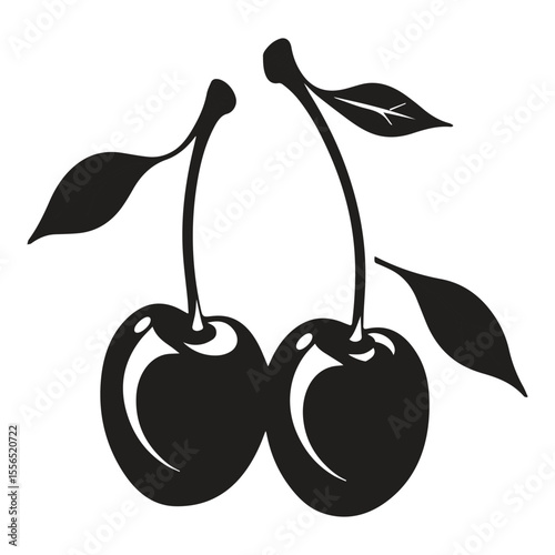 Pair of ripe cherries with stems and leaves isolated on white background