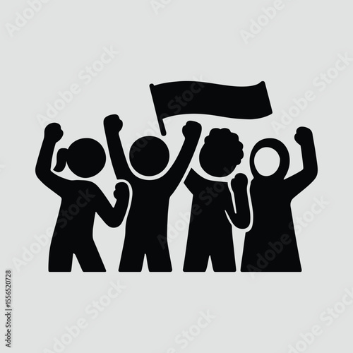 Silhouette crowd of protesters with flag raising hands Vector illustration