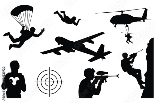 Collection of action and adventure silhouettes including skydiving climbing and military operations silhouette