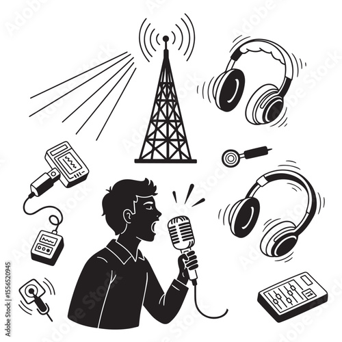 Broadcasting illustration featuring microphone headphones and radio tower in black and white style