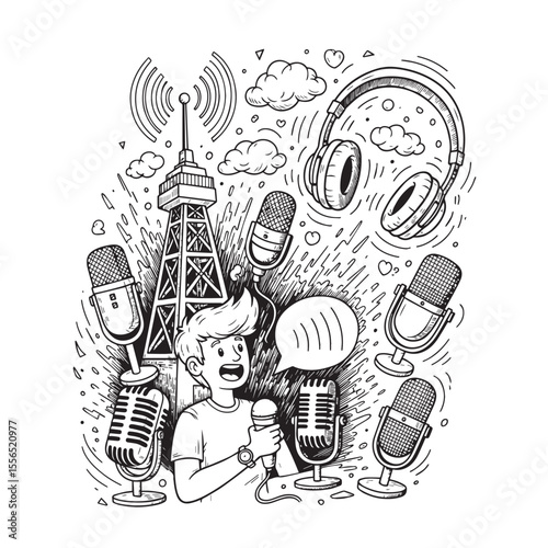 Cartoon man broadcasting live with vintage microphones and radio tower doodle