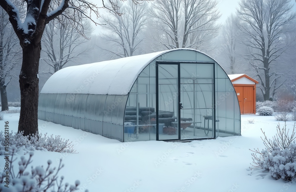 Greenhouse covered with snow in winter garden. Bungalow in snow, trees covered in frost. Winter plants freeze under snow. Outdoor house in winter day. Gardening concept. Greenhouse covered with snow in winter garden. Bungalow in snow, trees covered in frost. Winter plants freeze under snow. Outdoor house in winter day. Gardening concept.