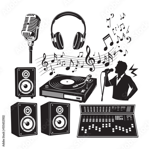 Music studio vector illustration with speakers microphone turntable mixer and headphones
