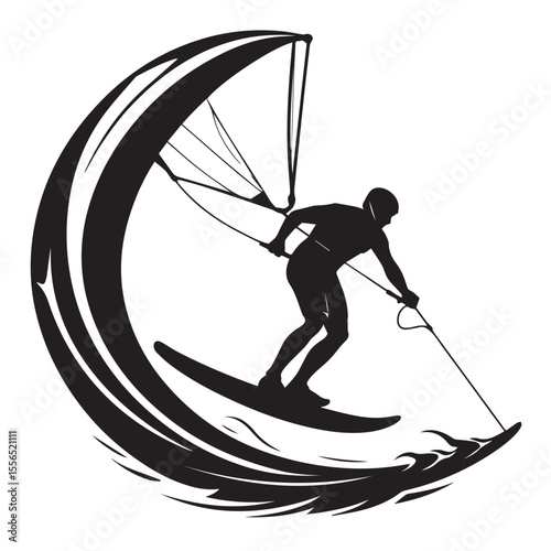 Silhouette of a windsurfer riding a wave isolated on white background