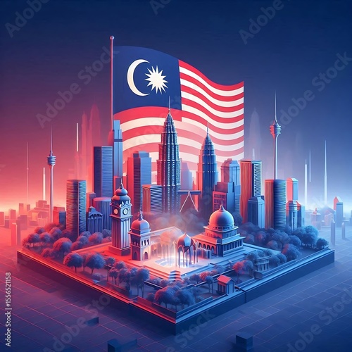 Iconic kuala lumpur skyline with malaysian flag waving majestically above