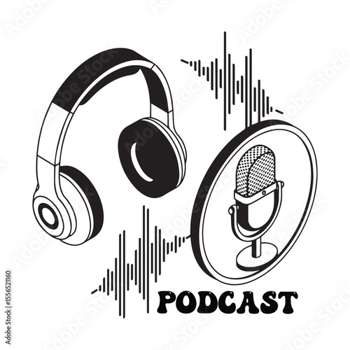 Podcast concept illustration with headphones microphone and soundwaves black and white