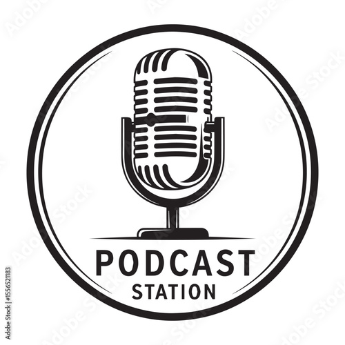 Podcast station black and white logo design featuring retro microphone illustration