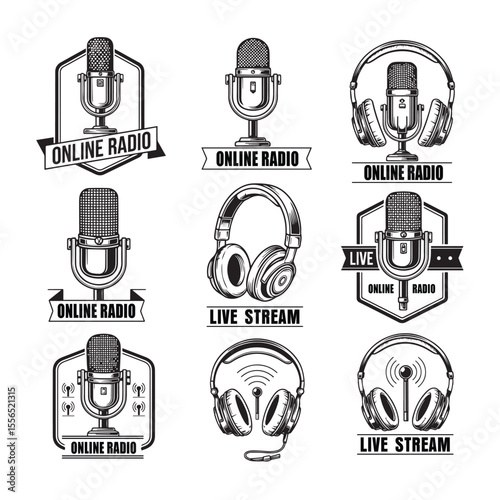 Vintage radio podcast studio equipment and live streaming badges monochrome set