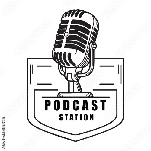 Vintage microphone with podcast station shield for audio broadcasting and recording